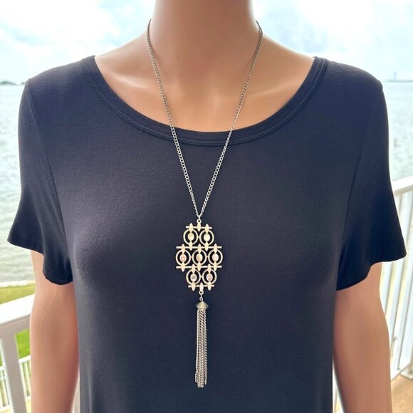 Boho Style Tassel Necklace Silver Tone 23 Inch Length - Picture 2 of 4